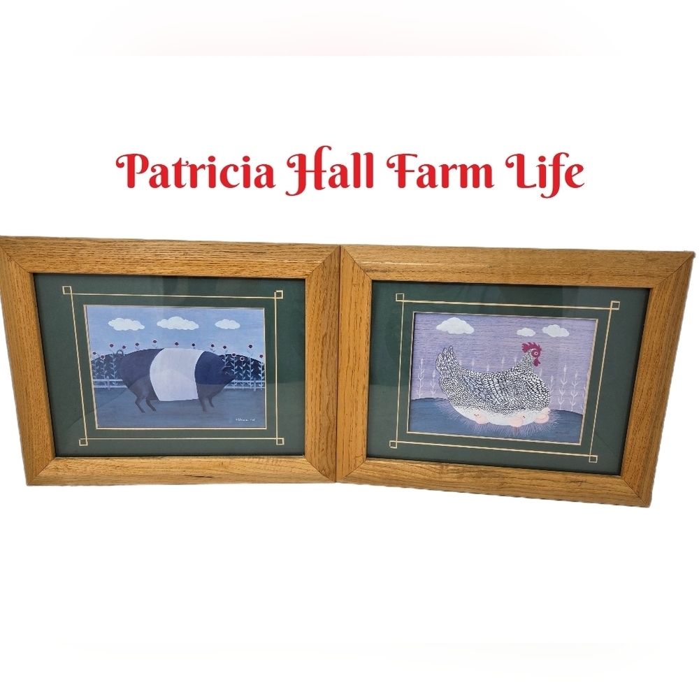 Patricia Hall Farm Life Prints Chicken With Chicks & Pig Cottagecore Farmhouse
